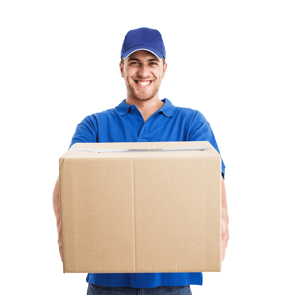Smiling delivery person in a blue shirt and cap holds a large cardboard box, emphasizing delivery services and customer satisfaction.